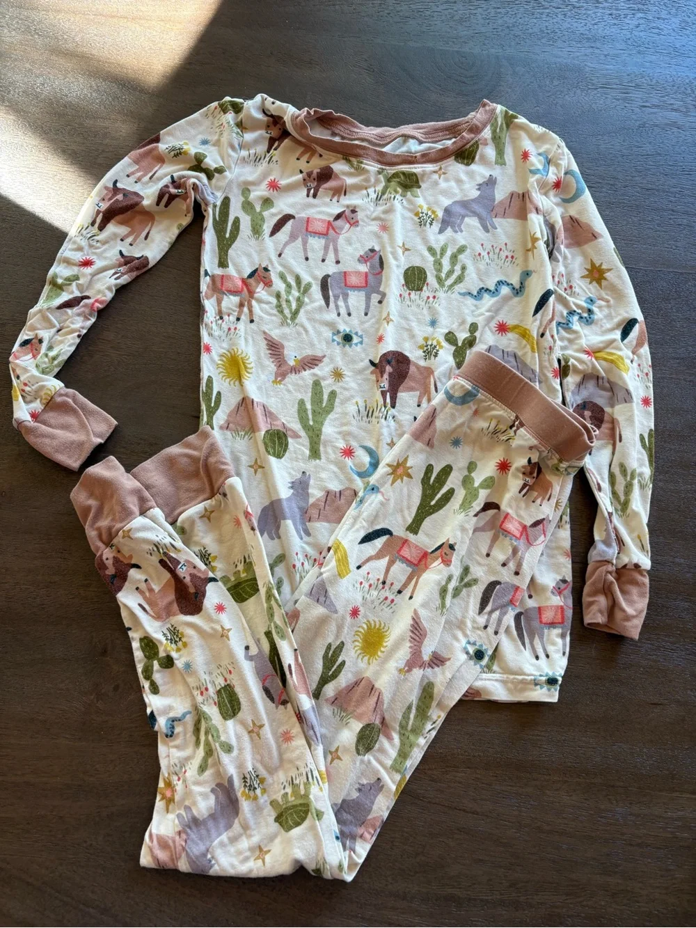 Little Sleepies Cream Desert Horse Print Pajama Set with Pink-Tan Cuffs